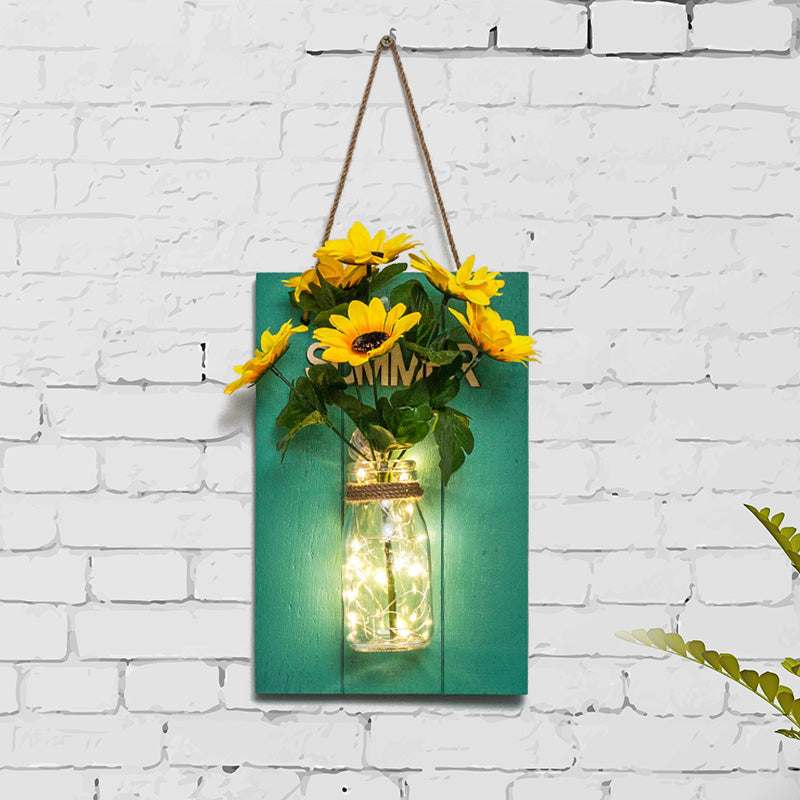 Blue Wood Backplate Modern Glass Jar Wall Light with Floral String - Ideal for Cafe Restaurant Ambiance!