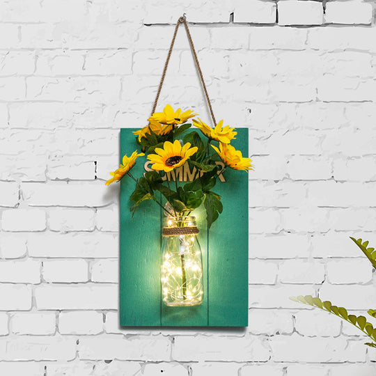 Blue Wood Backplate Modern Glass Jar Wall Light with Floral String - Ideal for Cafe Restaurant Ambiance!