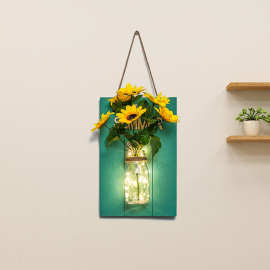 Blue Wood Backplate Modern Glass Jar Wall Light with Floral String - Ideal for Cafe Restaurant Ambiance!