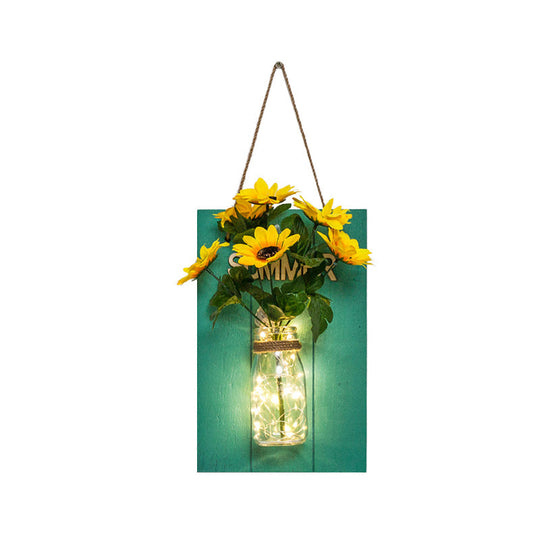 Blue Wood Backplate Modern Glass Jar Wall Light with Floral String - Ideal for Cafe Restaurant Ambiance!