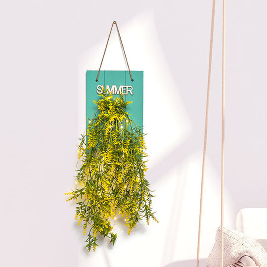 Blue Wood Backplate Modern Glass Jar Wall Light with Floral String - Ideal for Cafe Restaurant Ambiance!