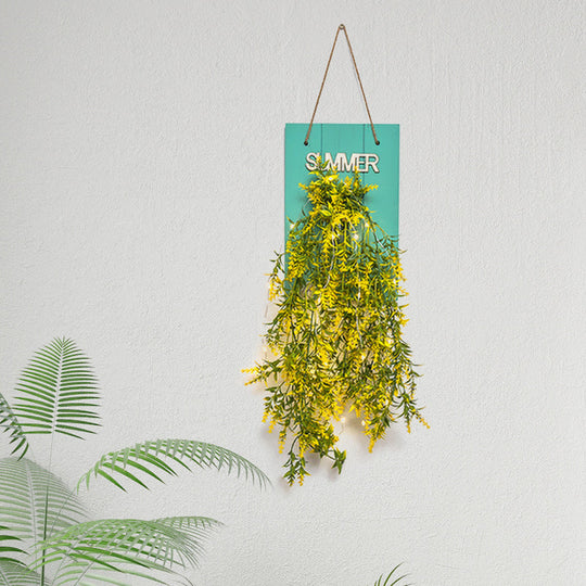 Blue Wood Backplate Modern Glass Jar Wall Light with Floral String - Ideal for Cafe Restaurant Ambiance!