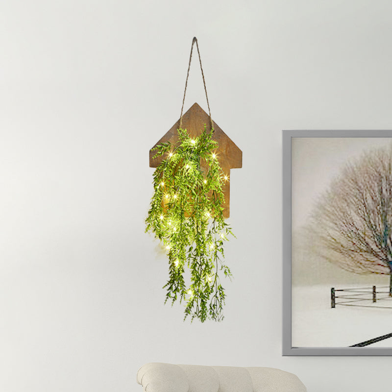 Wooden House Wall Light with Modern Flower/Plant String Accent – Ideal for Cafes and Tea Shops
