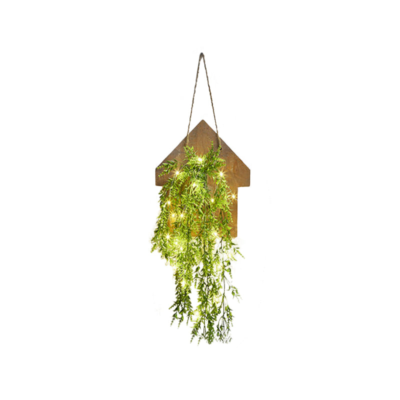 Wooden House Wall Light with Modern Flower/Plant String Accent – Ideal for Cafes and Tea Shops