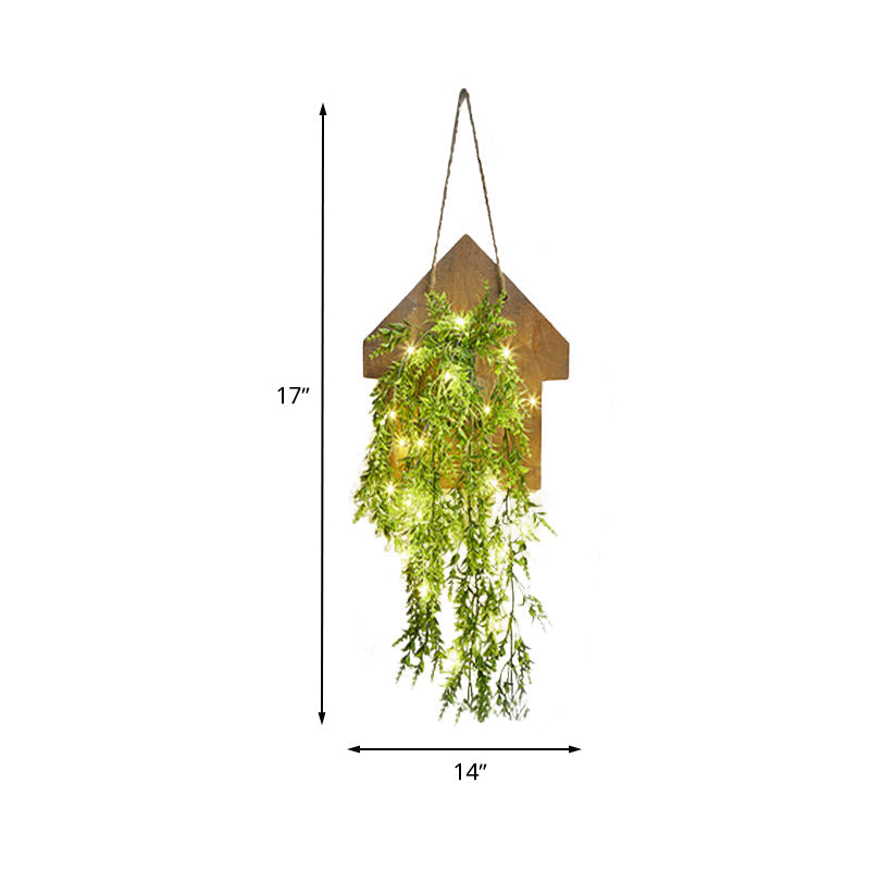 Wooden House Wall Light with Modern Flower/Plant String Accent – Ideal for Cafes and Tea Shops