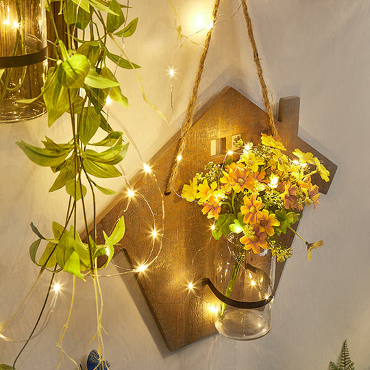 Wooden House Wall Light with Modern Flower/Plant String Accent – Ideal for Cafes and Tea Shops