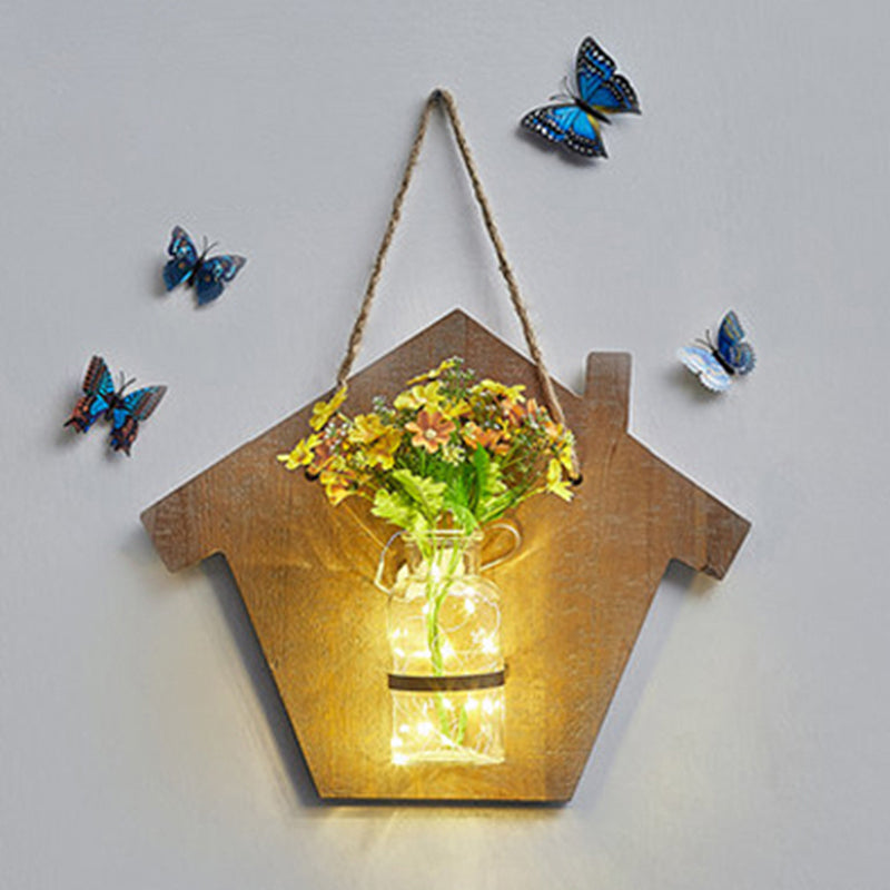 Wooden House Wall Light with Modern Flower/Plant String Accent – Ideal for Cafes and Tea Shops