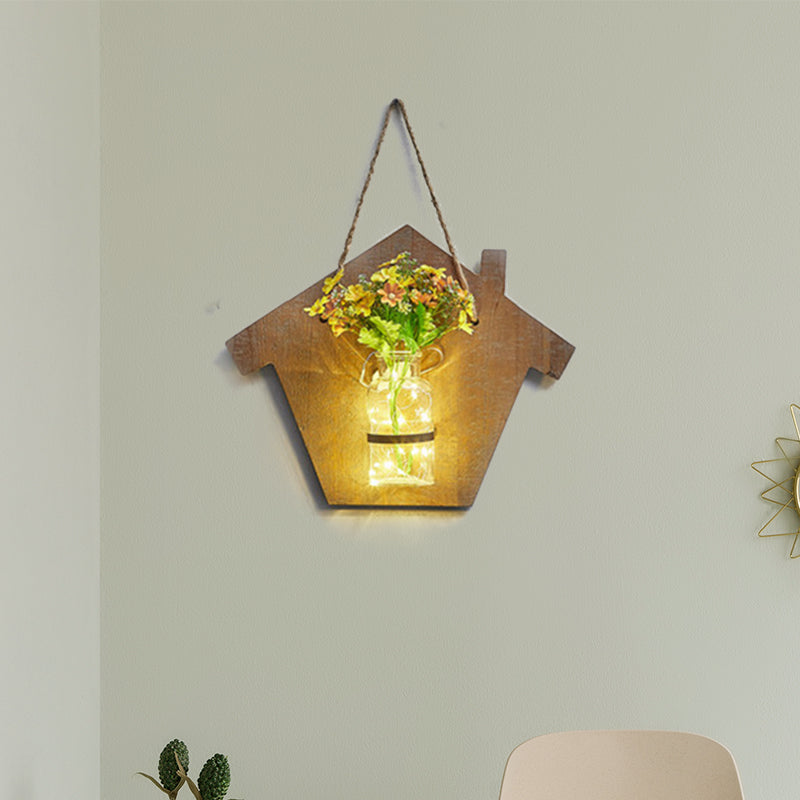Wooden House Wall Light with Modern Flower/Plant String Accent – Ideal for Cafes and Tea Shops