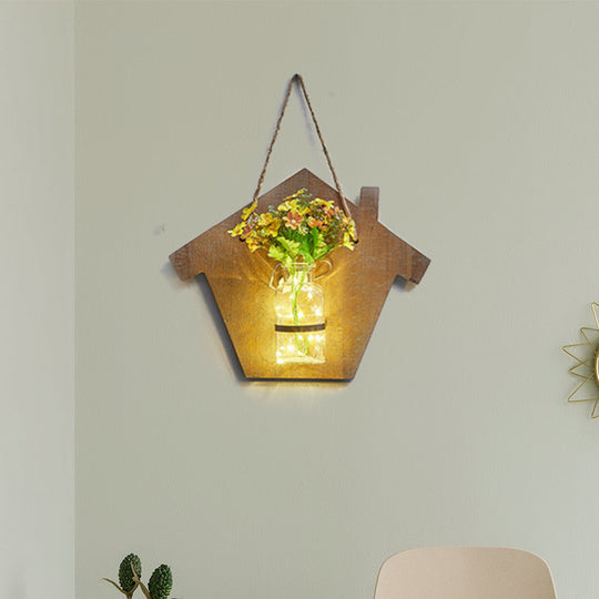 Wooden House Wall Light with Modern Flower/Plant String Accent – Ideal for Cafes and Tea Shops