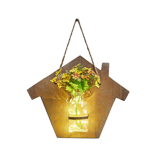Wooden House Wall Light with Modern Flower/Plant String Accent – Ideal for Cafes and Tea Shops