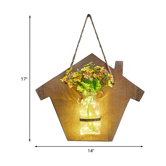 Wooden House Wall Light with Modern Flower/Plant String Accent – Ideal for Cafes and Tea Shops