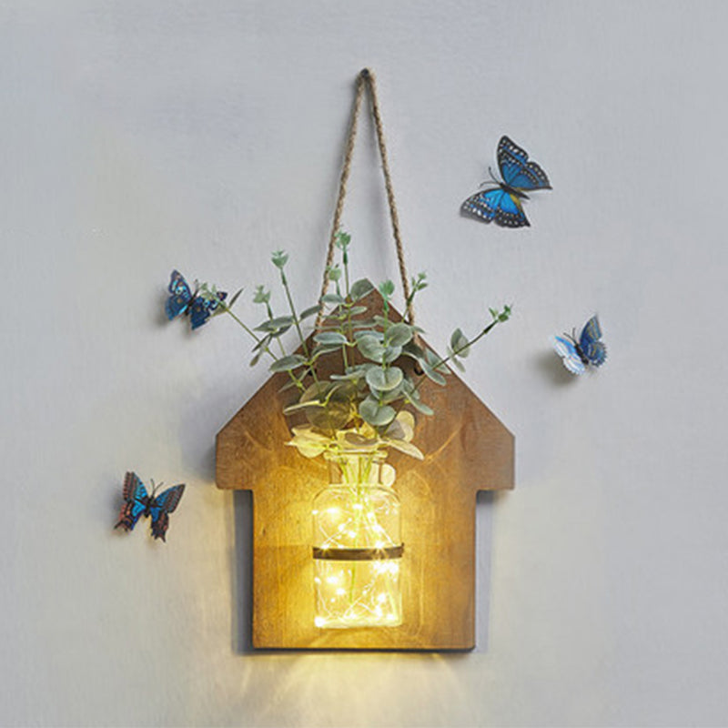 Wooden House Wall Light with Modern Flower/Plant String Accent – Ideal for Cafes and Tea Shops