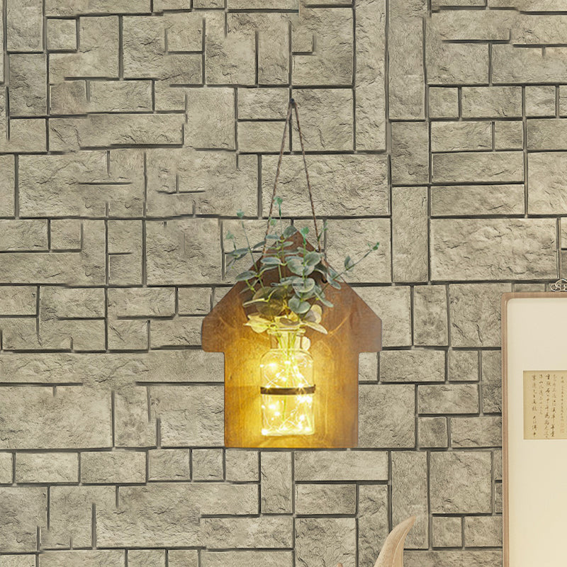 Wooden House Wall Light with Modern Flower/Plant String Accent – Ideal for Cafes and Tea Shops