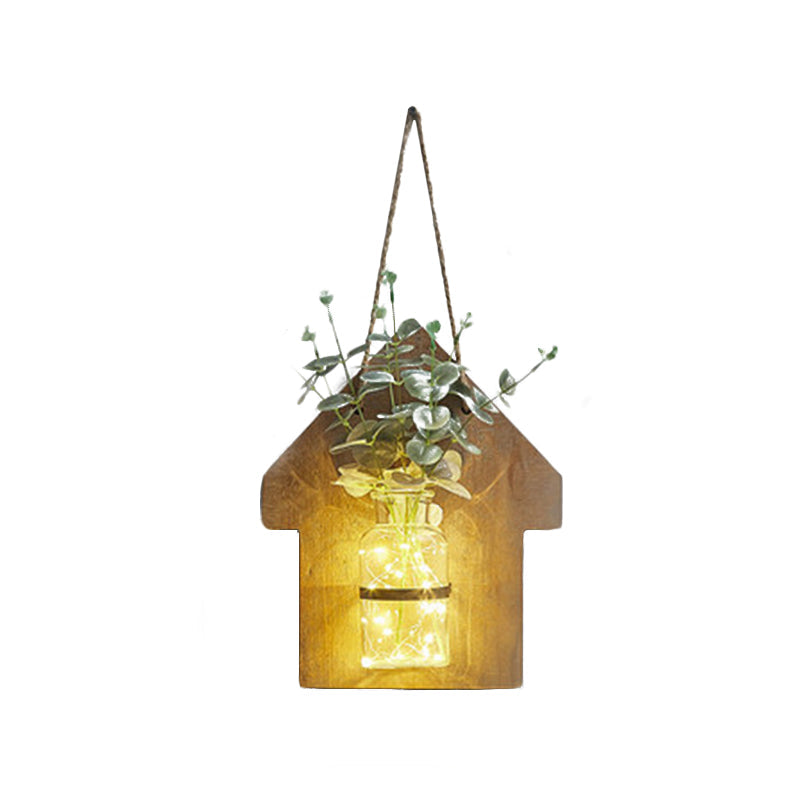 Wooden House Wall Light with Modern Flower/Plant String Accent – Ideal for Cafes and Tea Shops