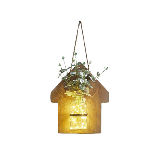 Wooden House Wall Light with Modern Flower/Plant String Accent – Ideal for Cafes and Tea Shops