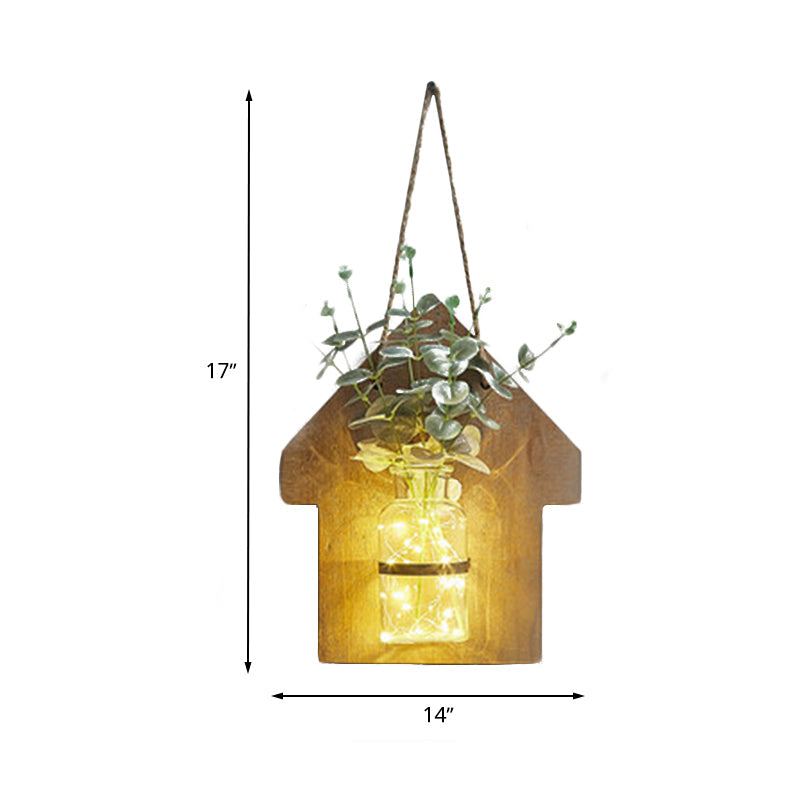 Wooden House Wall Light with Modern Flower/Plant String Accent – Ideal for Cafes and Tea Shops