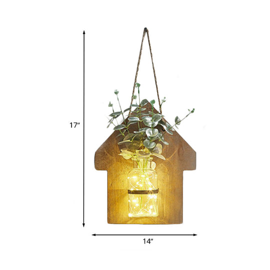 Wooden House Wall Light with Modern Flower/Plant String Accent – Ideal for Cafes and Tea Shops