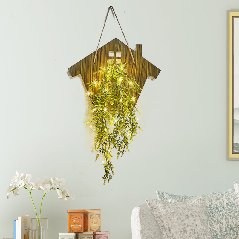 Wooden House Wall Light with Modern Flower/Plant String Accent – Ideal for Cafes and Tea Shops