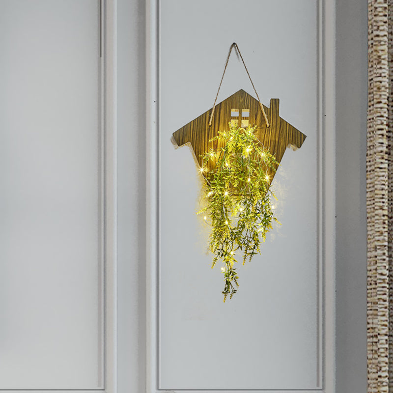 Wooden House Wall Light with Modern Flower/Plant String Accent – Ideal for Cafes and Tea Shops