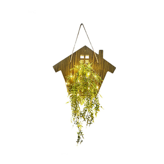 Wooden House Wall Light with Modern Flower/Plant String Accent – Ideal for Cafes and Tea Shops