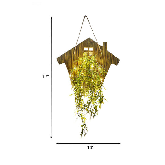 Wooden House Wall Light with Modern Flower/Plant String Accent – Ideal for Cafes and Tea Shops