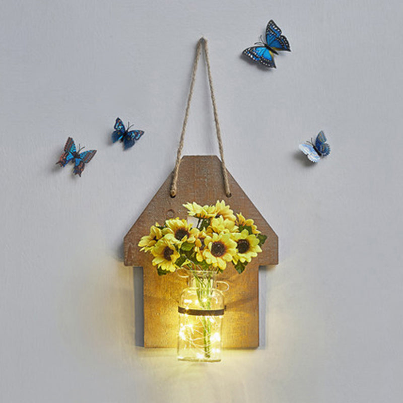 Wooden House Wall Light with Modern Flower/Plant String Accent – Ideal for Cafes and Tea Shops