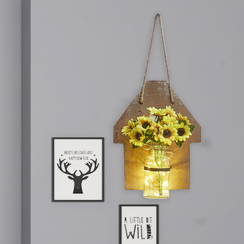 Wooden House Wall Light with Modern Flower/Plant String Accent – Ideal for Cafes and Tea Shops