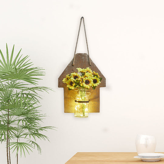 Wooden House Wall Light with Modern Flower/Plant String Accent – Ideal for Cafes and Tea Shops