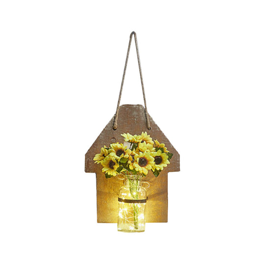 Wooden House Wall Light with Modern Flower/Plant String Accent – Ideal for Cafes and Tea Shops