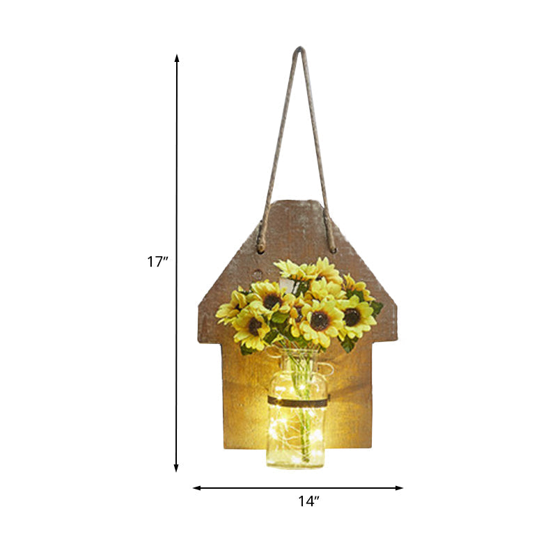 Wooden House Wall Light with Modern Flower/Plant String Accent – Ideal for Cafes and Tea Shops