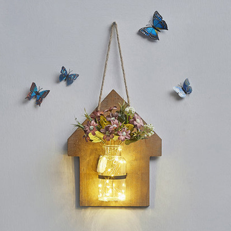 Wooden House Wall Light with Modern Flower/Plant String Accent – Ideal for Cafes and Tea Shops