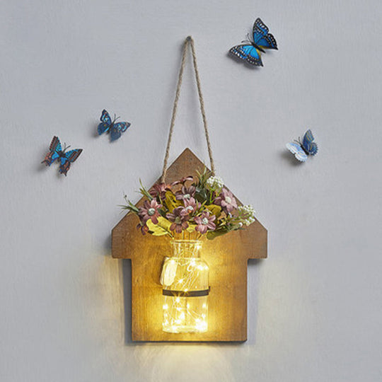 Wooden House Wall Light with Modern Flower/Plant String Accent – Ideal for Cafes and Tea Shops