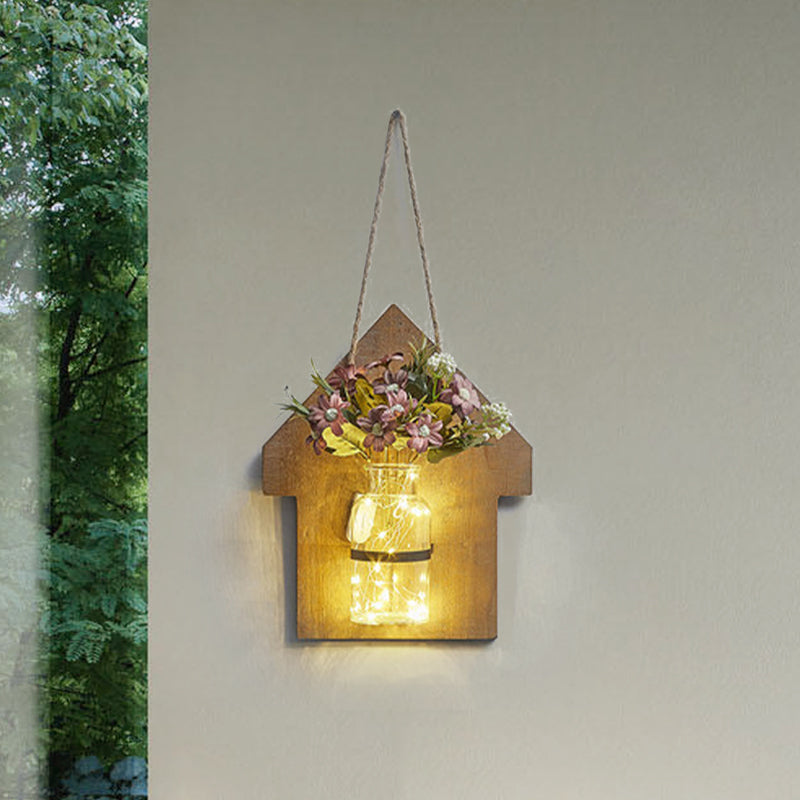 Wooden House Wall Light with Modern Flower/Plant String Accent – Ideal for Cafes and Tea Shops