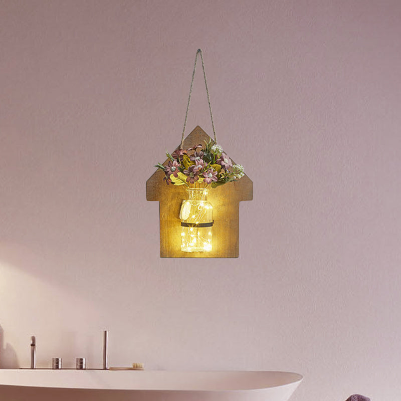 Wooden House Wall Light with Modern Flower/Plant String Accent – Ideal for Cafes and Tea Shops