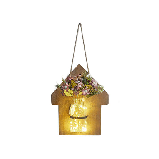 Wooden House Wall Light with Modern Flower/Plant String Accent – Ideal for Cafes and Tea Shops