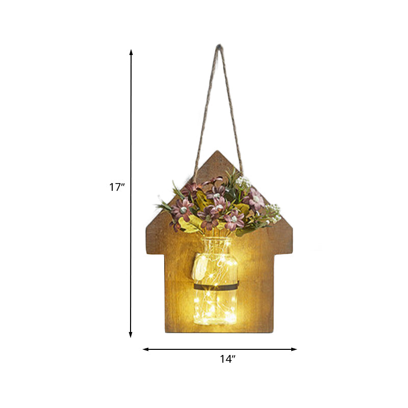 Wooden House Wall Light with Modern Flower/Plant String Accent – Ideal for Cafes and Tea Shops