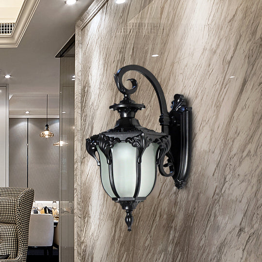 Outdoor Acorn Sconce Light Fixture with Swirl Arm and White Glass - Black/Brass Finish Wall Lamp