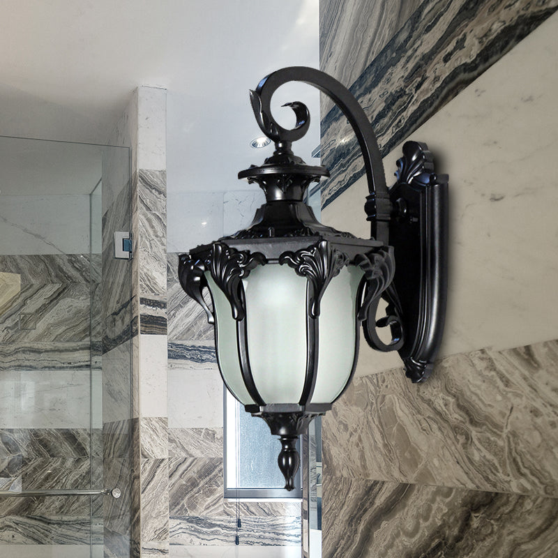 Outdoor Acorn Sconce Light Fixture with Swirl Arm and White Glass - Black/Brass Finish Wall Lamp