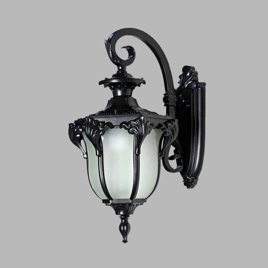 Outdoor Acorn Sconce Light Fixture with Swirl Arm and White Glass - Black/Brass Finish Wall Lamp