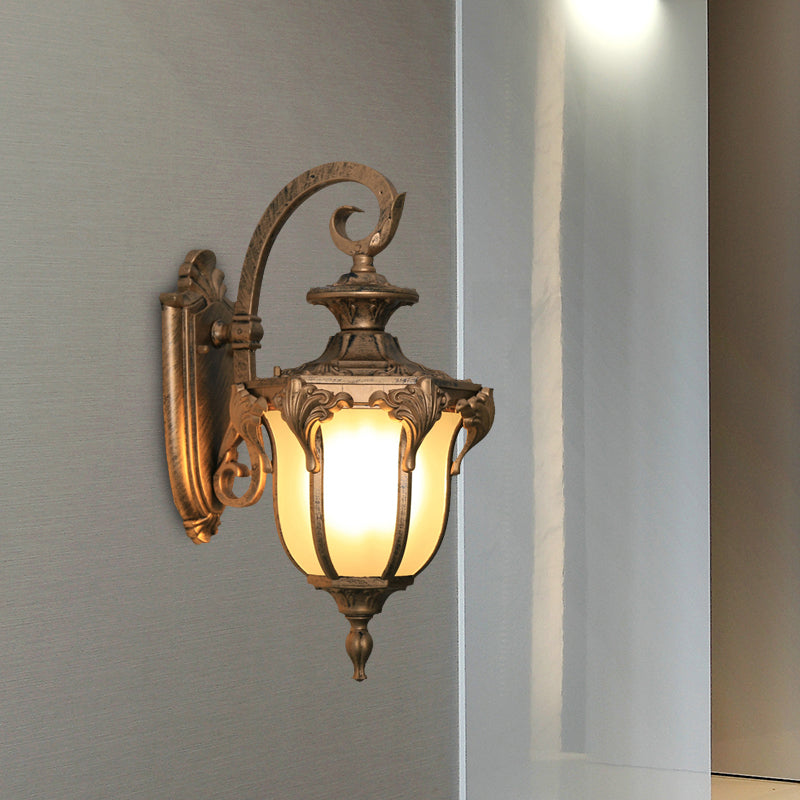 Outdoor Acorn Sconce Light Fixture with Swirl Arm and White Glass - Black/Brass Finish Wall Lamp