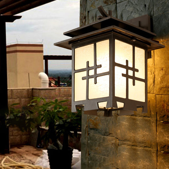 Farmhouse Outdoor Wall Lamp: 1-Light Sconce Fixture with Textured Glass Shade in Brass/Black