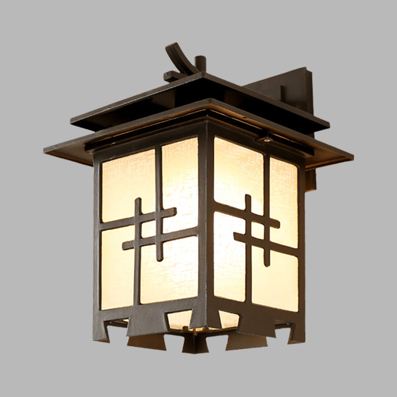 Farmhouse Outdoor Wall Lamp: 1-Light Sconce Fixture with Textured Glass Shade in Brass/Black