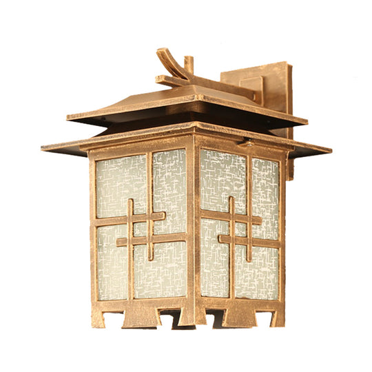 Farmhouse Outdoor Wall Lamp: 1-Light Sconce Fixture with Textured Glass Shade in Brass/Black