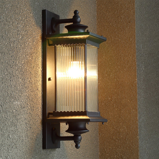 Country Clear Ribbed Glass 1-Head Outdoor Sconce Light for Gates - Black/Bronze/Coffee Wall Lamp