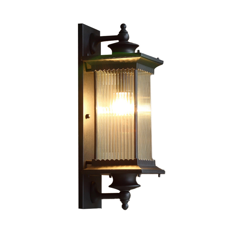 Country Clear Ribbed Glass 1-Head Outdoor Sconce Light for Gates - Black/Bronze/Coffee Wall Lamp