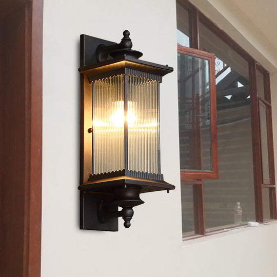 Country Clear Ribbed Glass 1-Head Outdoor Sconce Light for Gates - Black/Bronze/Coffee Wall Lamp