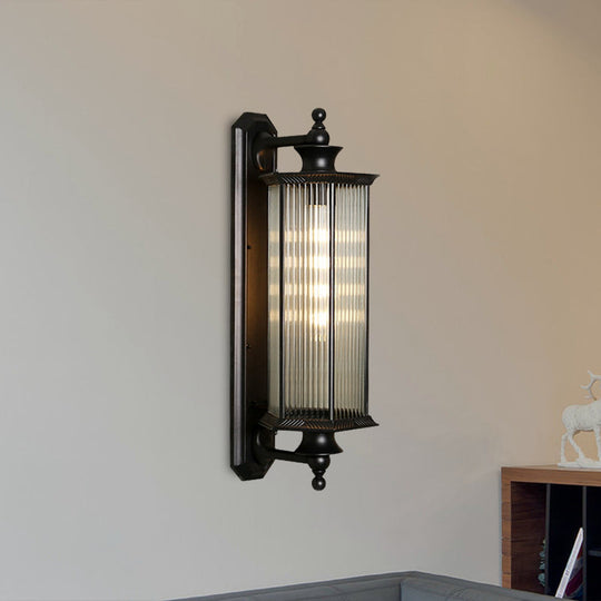 Black Hexagon Outdoor Wall Sconce with Clear Ribbed Glass - 1 Light Wall Mount Fixture