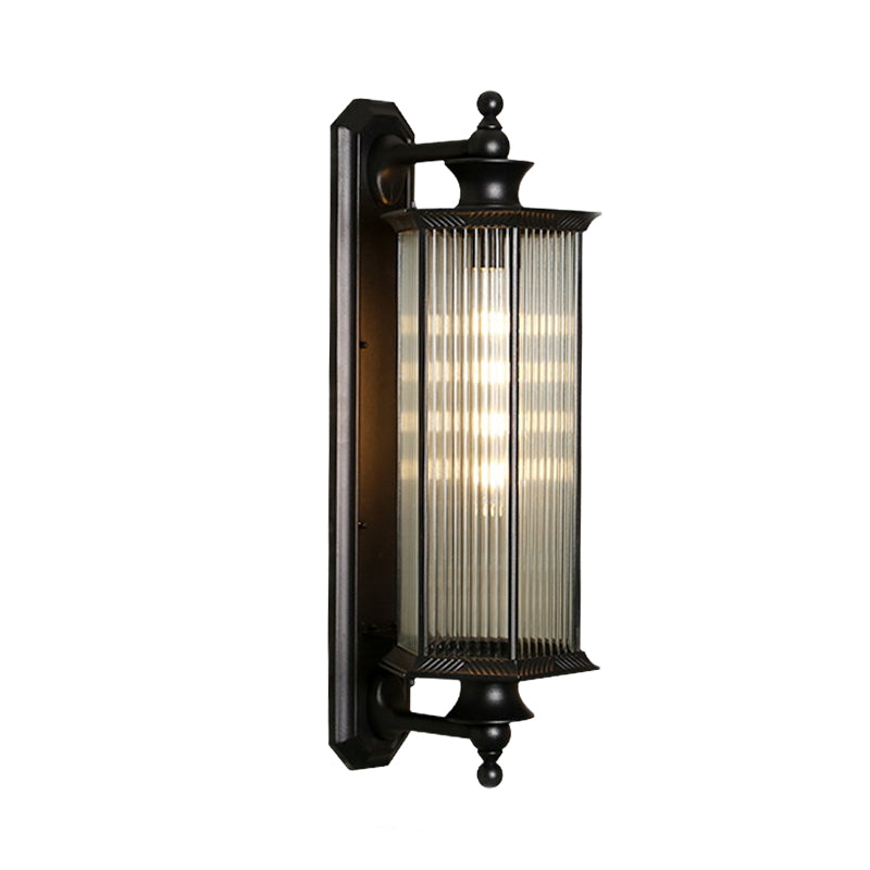 Black Hexagon Outdoor Wall Sconce with Clear Ribbed Glass - 1 Light Wall Mount Fixture