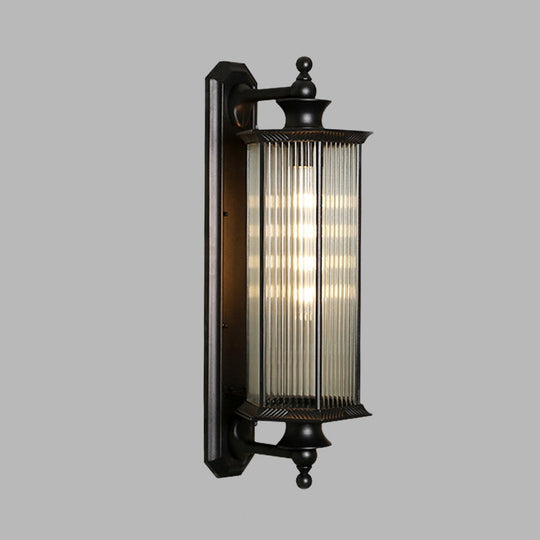 Black Hexagon Outdoor Wall Sconce with Clear Ribbed Glass - 1 Light Wall Mount Fixture