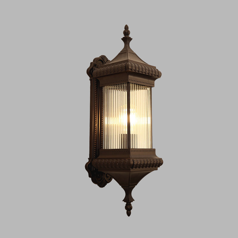 Outdoor Wall Light Sconce - Country Cuboid Mount with Clear Ribbed Glass & Coffee Finish